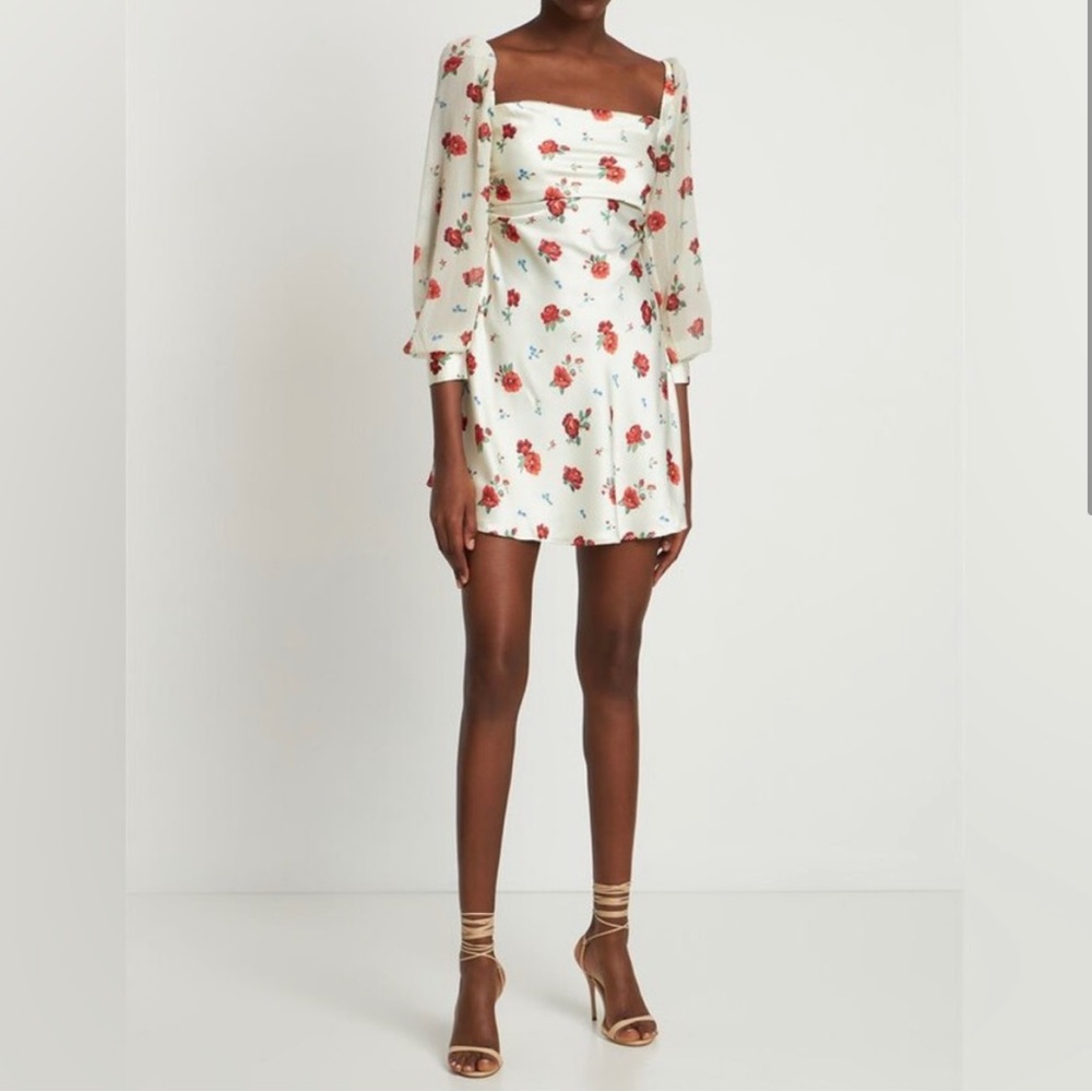 NWT WE WORE WHAT Optic White Multi Floral Puff Sleeve Cowl Neck Mini Dress.